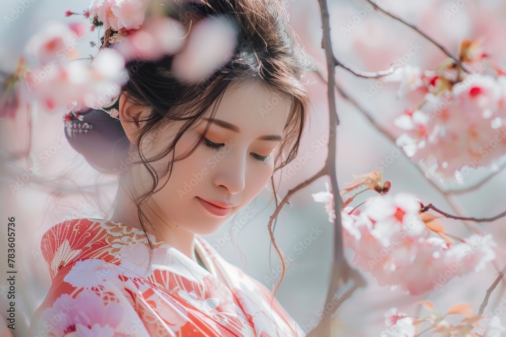 Fototapeta premium Beautiful Female wearing traditional Japanese kimono with cherry blossom in spring
