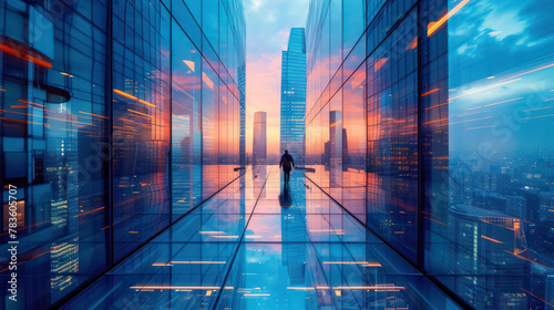 A businessman in a suit walking down a glass walkway in a modern city with skyscrapers