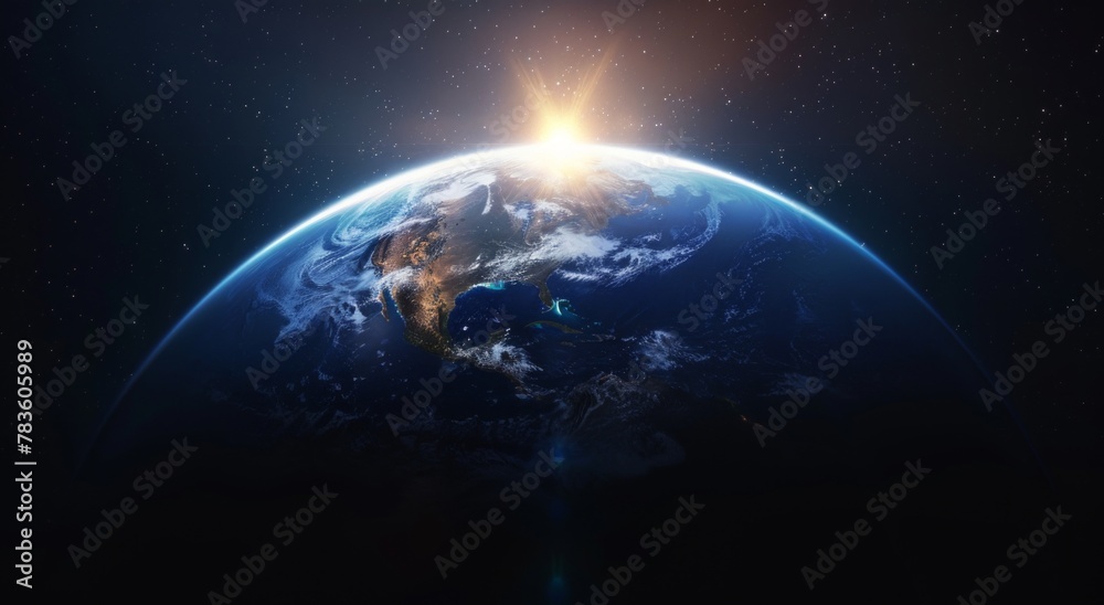 A close up of the Earth with the sun above shining on it when appearing in the morning during sunrise A close up of the Earth with the sun above shining on it when appearing in the morning during sunrise