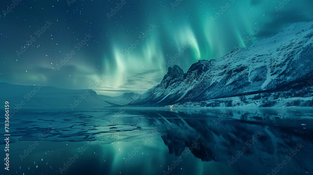 Aurora shimmer over peak, sea lake reflection, winter night Aurora shimmer over peak, sea lake reflection, winter night