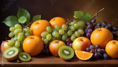 A vibrant still life showcasing a variety of fresh fruits  including oranges  kiwis  and grapes  on a wooden surface.. AI Generation