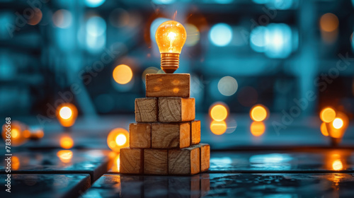 A light bulb on top of a stack of wooden blocks.