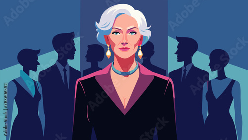 A senior woman attending a formal event standing out a the sea of classic black attire with her bold and colorful statement jewelry daring to
