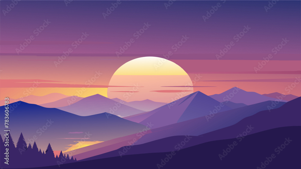 A breathtaking sunset the sky painted in shades of silver gold and purple casting a radiant glow over the land and evoking a sense of peaceful