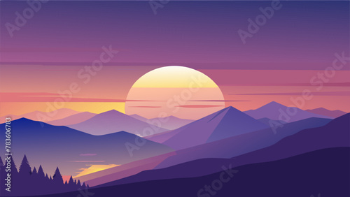 A breathtaking sunset the sky painted in shades of silver gold and purple casting a radiant glow over the land and evoking a sense of peaceful