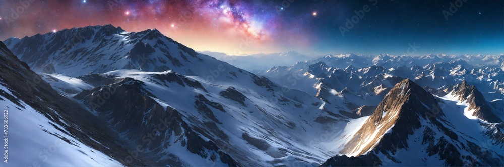 galaxies on the snow-covered mountains, detailed, 16k, focused, extreme details, super resolution, cinematic, masterpiece