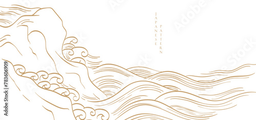 Abstract landscape with Japanese wave pattern vector. Nature art background with Chinese wave and cloud template in oriental style. © Marukopum