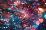 Closeup of a christmas tree with chromatic aberration halation effects - Generative AI