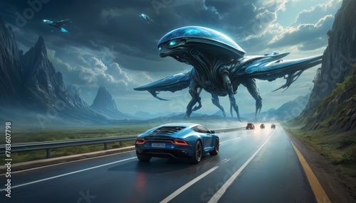 A sleek sports car speeds down a highway with an imposing alien spacecraft hovering above in a dramatic landscape.. AI Generation