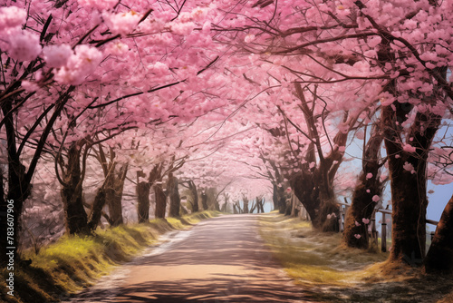 A peaceful country road lined with blooming cherry blossoms