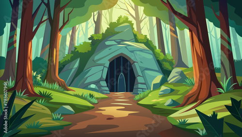 entrance-to-a-cave-in-the-middle-of-a-forest-vector illustration photo