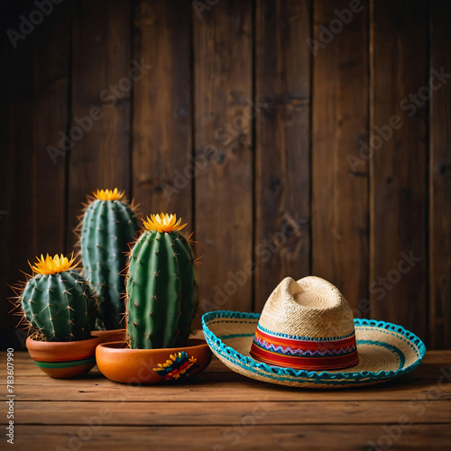 Cinco de Mayo holiday background with Mexican cactus, traditional hat and lights, ai generated