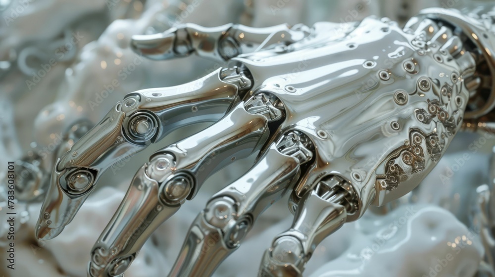 Intricate Metallic Hand of a Futuristic Silver Robot Showcasing Precision and Advanced Mechanics Intricate Metallic Hand of a Futuristic Silver Robot Showcasing Precision and Advanced Mechanics