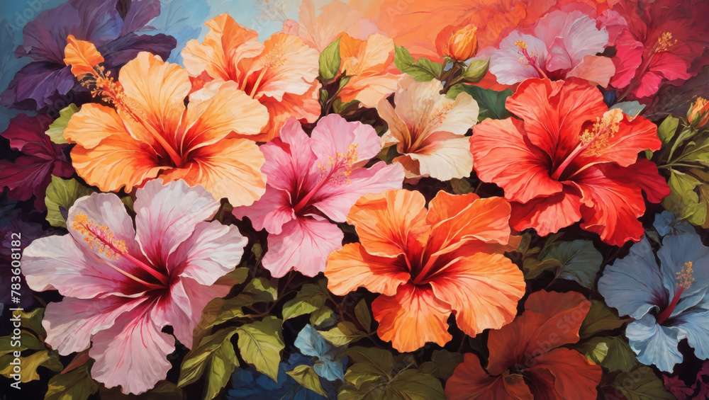 Captivating floral background featuring intricate hibiscus blooms in vibrant hues, captured in vibrant oil painting.