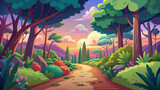 beautiful-forest--bushes-and-path--and-sky vector illustration 