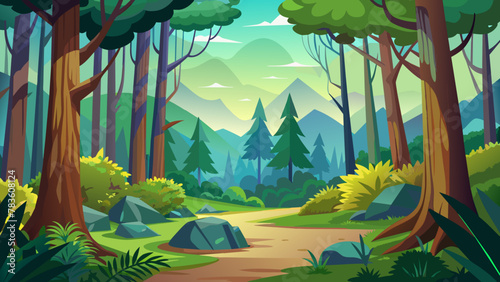 beautiful-forest--bushes-and-path--and-sky vector illustration 