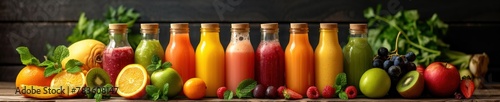 A variety of fruit juices in glass bottles with fresh fruits and vegetables on a wooden table.