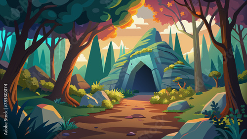 entrance-to-a-cave-in-the-middle-of-a-forest-vector illustration photo