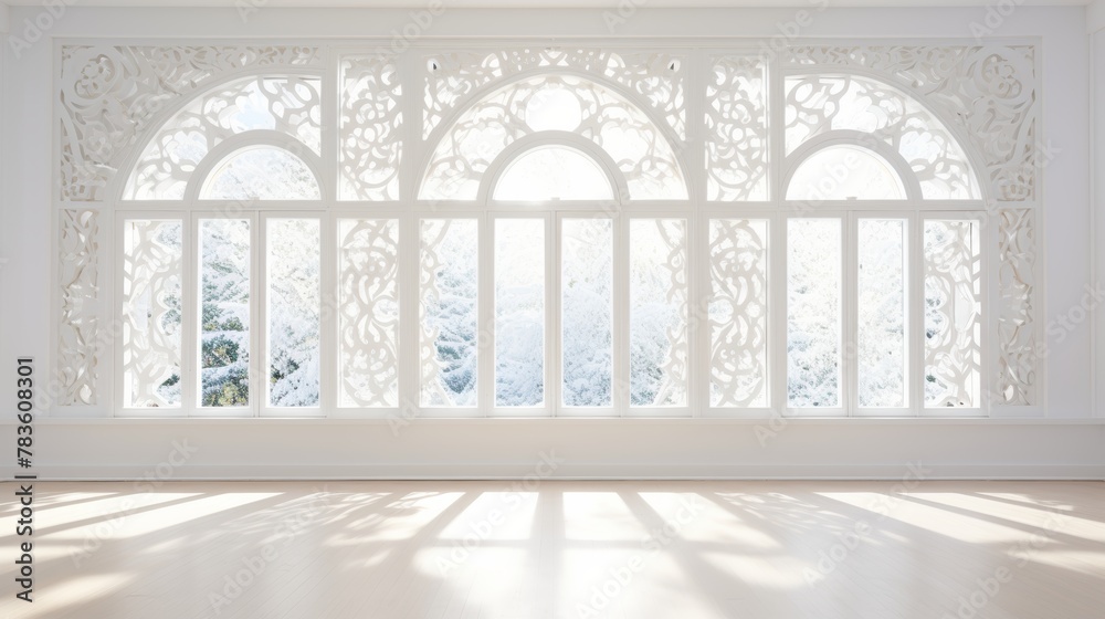 Pure white room with the sun's soft caress through a patterned window, a dance of light