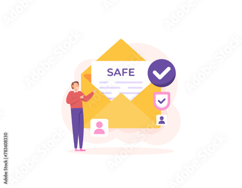 secure message. prevention and protection from fraudulent messages, scam emails, or crimes via SMS. user safety. a man with a letter symbol and a check mark. illustration concept design. graphic
