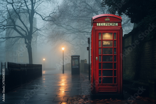 A classic red telephone booth on a foggy London street