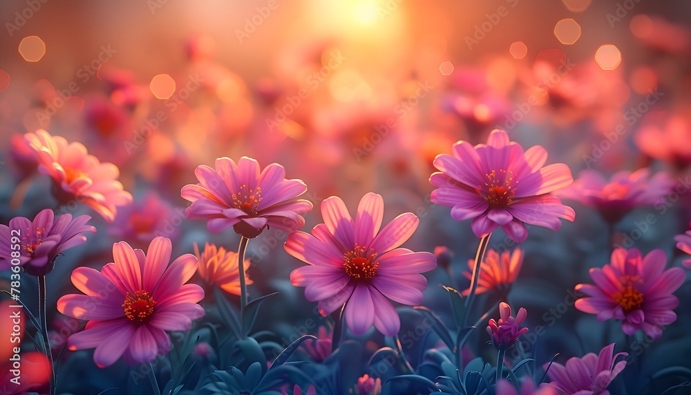 Fototapeta premium beautiful colorful meadow of wild flowers floral background, landscape with purple pink flowers with sunset and blurred background. Soft pastel Magical nature 