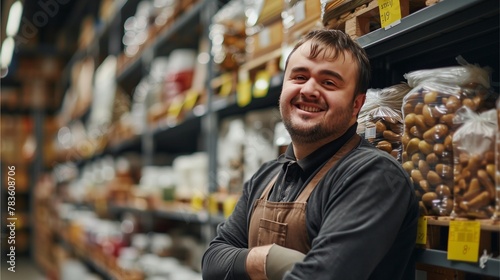 A male employee with Down syndrome works in a store.