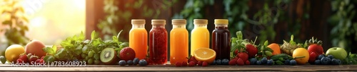 An assortment of fresh fruit juices in glass bottles on a wooden table. There are also fresh fruits on the table including strawberries, blueberries, raspberries, and blackberries. photo