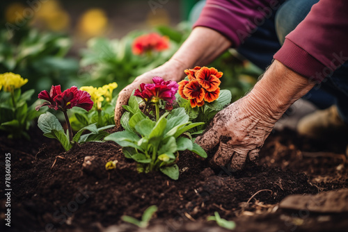 A pair of hands planting flowers in a garden photo