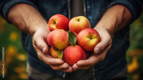 Agriculture fruits, apple harvest background - Close up of hands of farmer carrying ripe apples