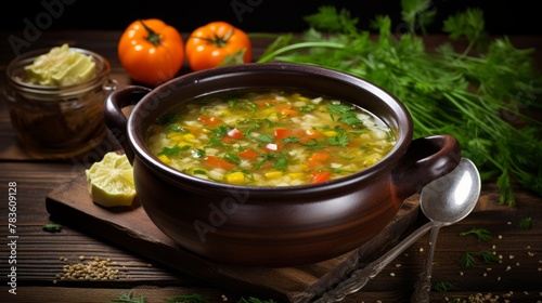 Vegetable soup from cabbage  carrot  potato in bowl over wooden background. Concept of healthy eating. Vegetable soup on wooden background