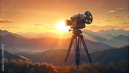 Black professional movie camera on a tripod, silhouetted against a mountain sunset photo