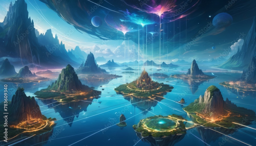 A breathtaking digital creation of an archipelago with floating islands under a cosmic sky, interconnected by luminous energy paths.. AI Generation