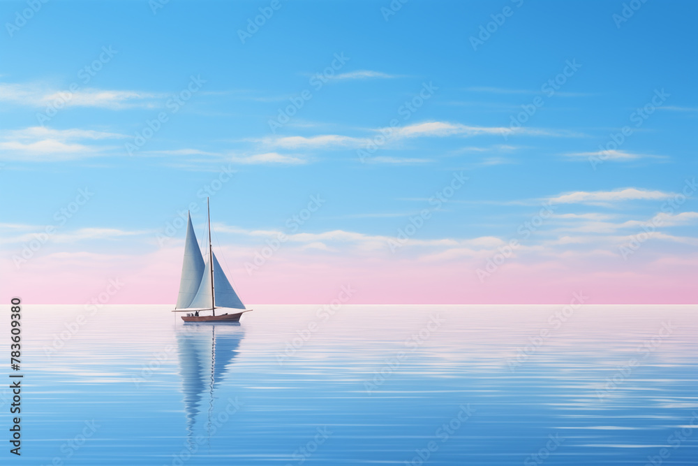 A lone sailboat drifting on calm blue waters - obrazy, fototapety, plakaty 