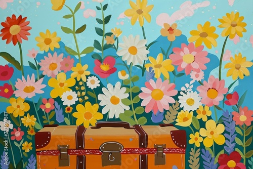 retro vintage illustration of an old  classic suitcase full of colorful bunch of flowers, spring happiness time, travel  and romantic concept photo