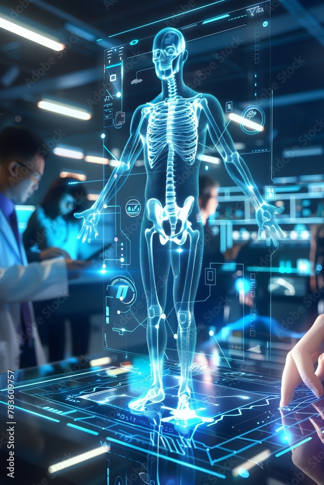 Futuristic digital medical concept with a holographic human body model and technological elements, business people using a tablet to analyze data in an office background in the style of various artist - obrazy, fototapety, plakaty 