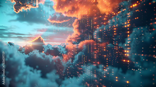 Cloud and edge computing technology concepts with cybersecurity protection. There is a large cloud icon that stands out in the middle. Binary code polygon and small icons on dark blue background. 