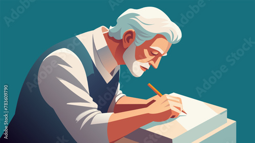 With grey hair framing their face the elderly sculptor carefully carves intricate details into a block of marble. Their skilled hands show no