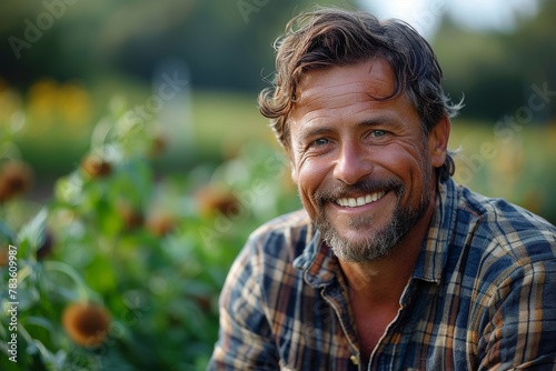 Cheerful man with a scruffy beard smiles in a sunflower field, radiating joy and casual style photo