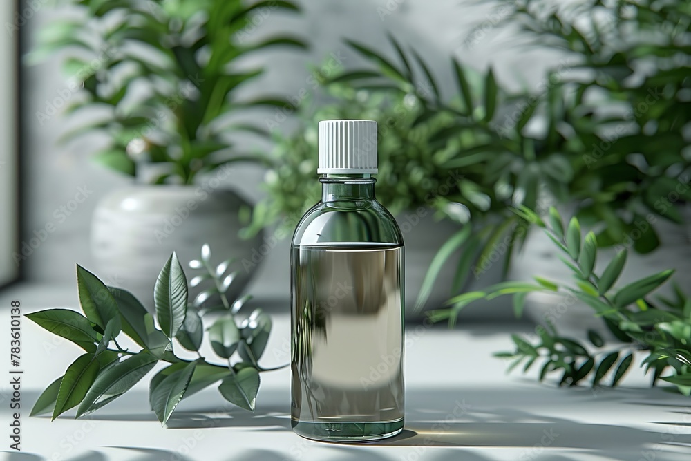 The clear bottle with a white cap sits against a plant adorned background, reflecting a sense of organic beauty and elegance The clear bottle with a white cap sits against a plant adorned background, reflecting a sense of organic beauty and elegance
