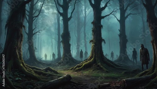 An atmospheric scene unfolds as shadowy figures traverse a mist-enshrouded forest  ancient trees towering over the eerie silence.. AI Generation