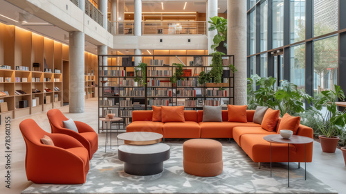 Modern office interior with orange furniture and plants photo