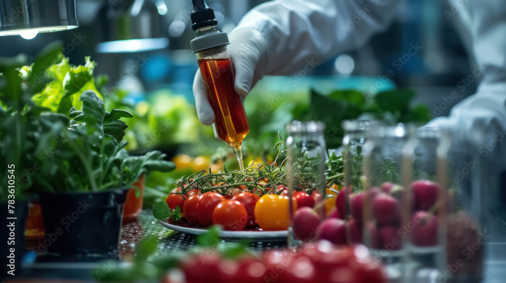 Obraz premium Scientist wearing gloves holds a dropper above a plate of cherry tomatoes.