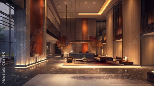 A panoramic view capturing the lobby's opulent furnishings and modern decor.
