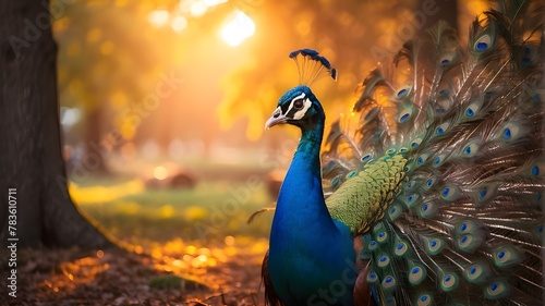 Subject Description in details with as much information can be provided to describe image: Enchanting capture of a peacock displaying its vibrant plumage during golden hour
