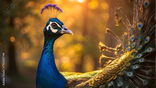 Subject Description in details with as much information can be provided to describe image: Enchanting capture of a peacock displaying its vibrant plumage during golden hour photo