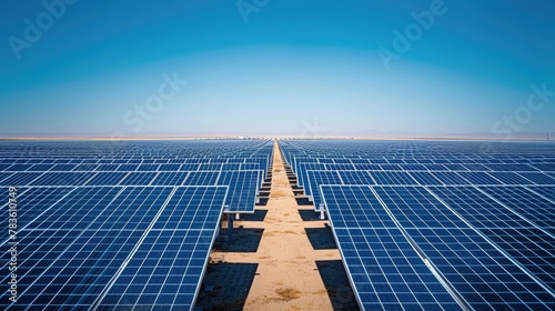 A vast solar panel farm stretches across a desert landscape, harnessing the power of the sun for renewable energy. AIG41