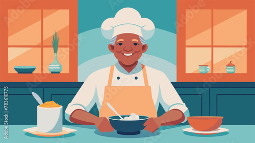 A retired chef volunteers at a local soup kitchen preparing nutritious and delicious meals for the homeless and underprivileged. She brings her