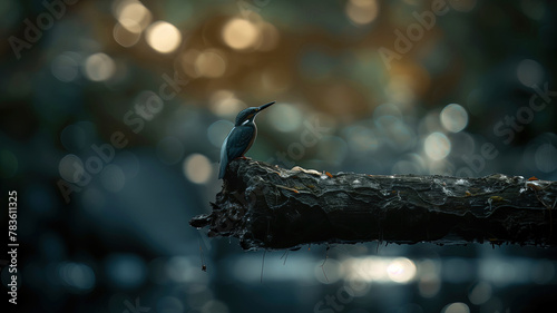 Kingfisher sitting on tree stem above water 