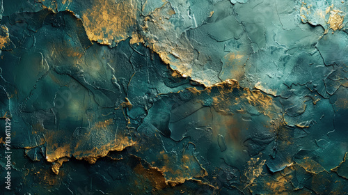 Abstract texture of painted golden green wall with uneven rough surface. Painted plastered concrete wall. Background for design, relief backdrop. Close up